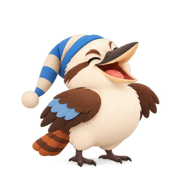 Koo the kookaburra laughing in a striped sleep cap